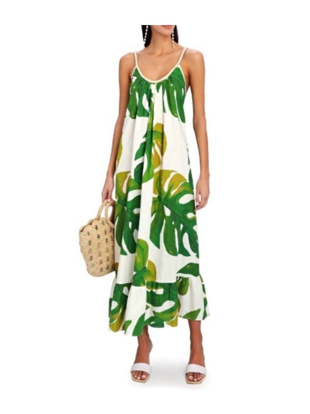 FARM Rio White Maxi Dress with Green Tropical Leaf Print
